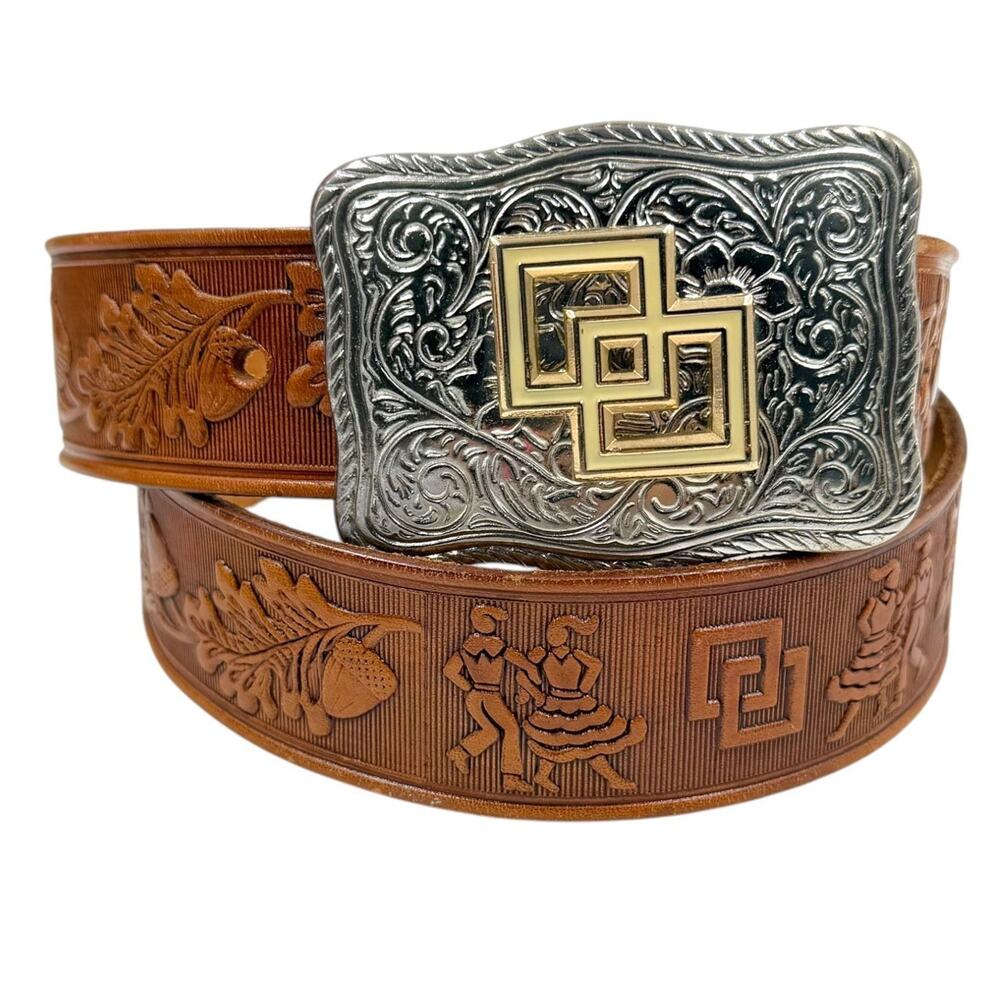 Vintage Chambers Hand Finished Saddle Leather Square Dance Belt Trophy Buckle 34
